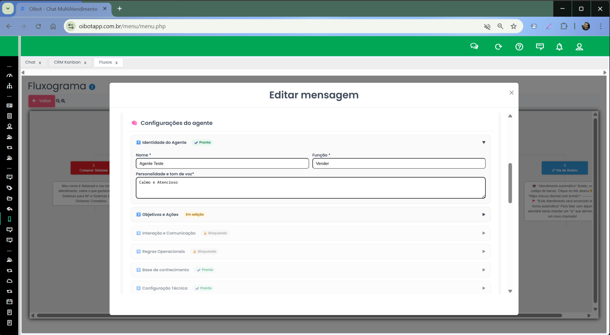 Tela de configuração do agente no OiBot