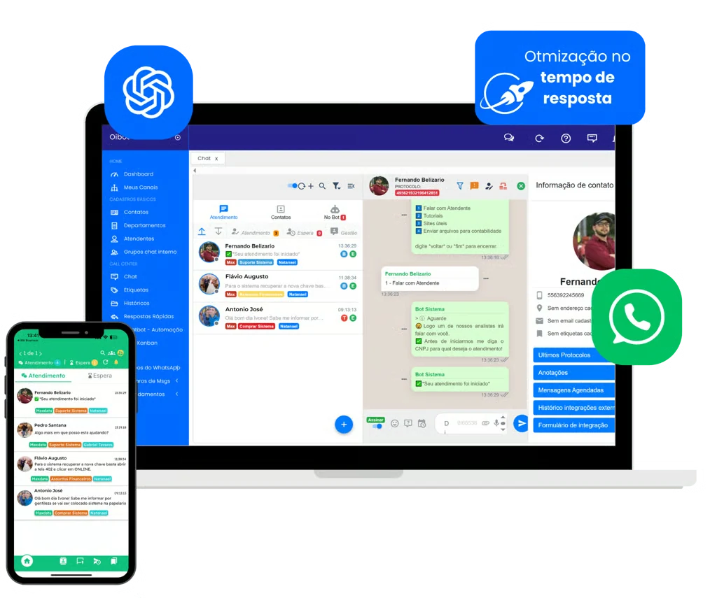 Painel OiBot em notebook e atendimento no celular