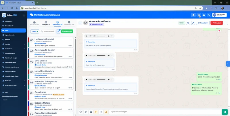 Central de atendimentos OibotCRM com dados fictícios