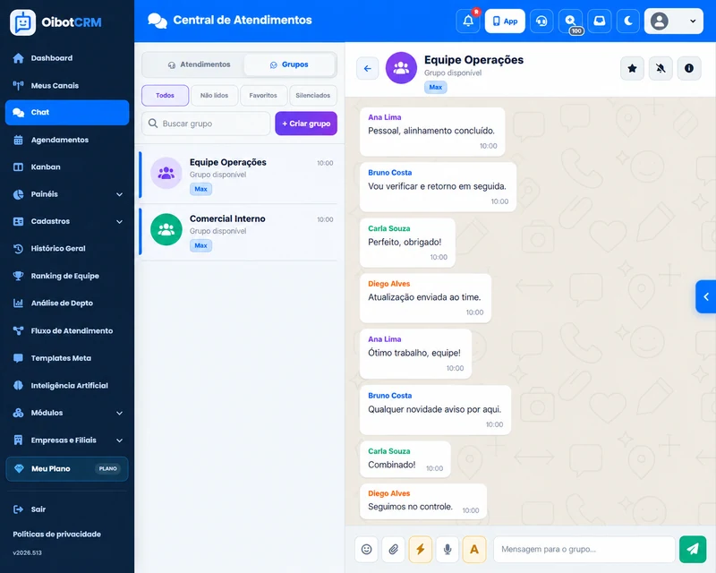Chat interno com grupos no OibotCRM