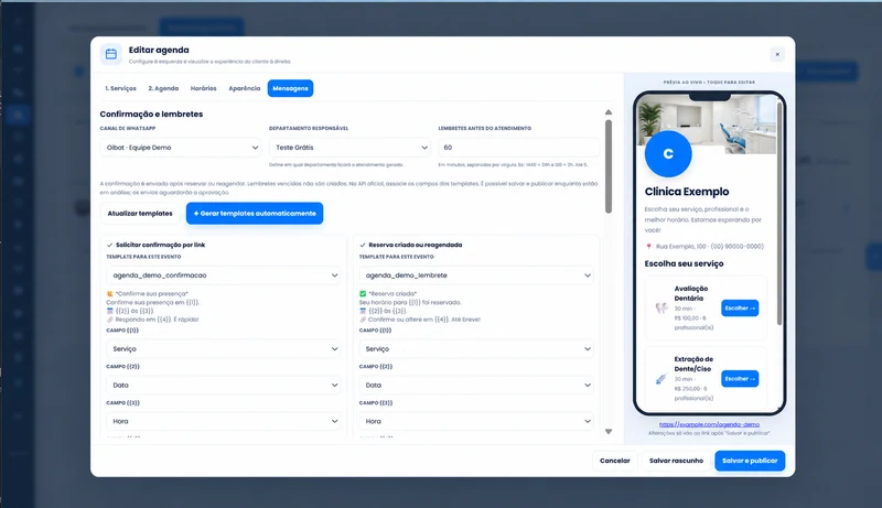 Confirmação por link e mensagens antes do atendimento. — dados fictícios
